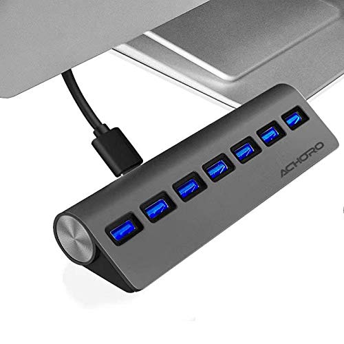 Achoro 7 Ports USB 3.0 Hub - Triangle Aluminum Alloy - High-Speed USB Port Expander - Compatible with PC, iMac, MacBook, Windows, Desktop, and More – Computer Multiple USB HUB (Space Grey) Space Gray