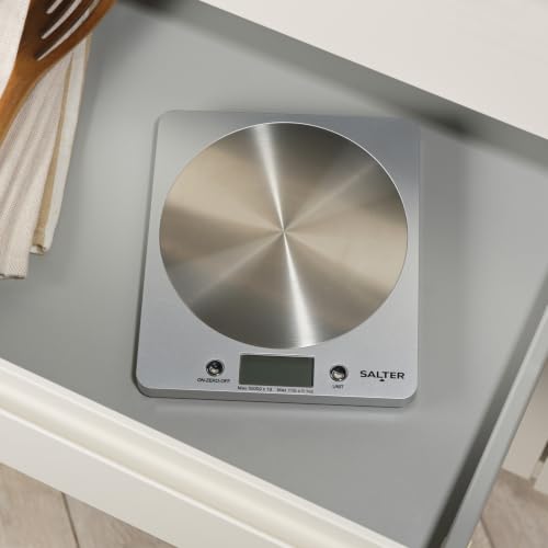 Salter 1036 SVSSDR Disc Digital Kitchen Scale – Electronic Food Scale, Add & Weigh Multiple Ingredients, 5kg Capacity, Aquatronic for Measuring Liquids, Easy Read LCD Display, Includes Battery Silver