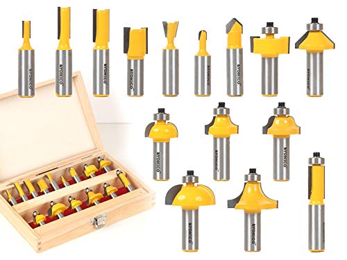 YONICO Router Bits Set 15 Bit 1/2-Inch Shank 17150 Professional Carbide Tipped Roundover, Cove, Chamfer, Bevel, Dovetail, Straight, Flush Trim, Slotting, Roman Ogee fresas de Router para Madera 15 Bit Set - 1/2" Shank