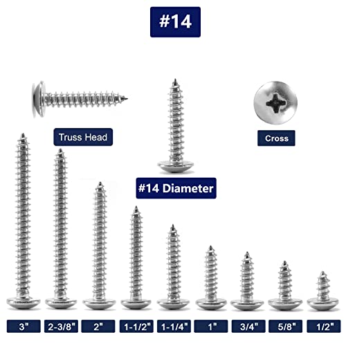 #14 x 3 Wood Screw 100Pcs Truss Head Phillips 18-8 (304) Stainless Steel Fast Self Tapping Screws by SG TZH #14 x 3"