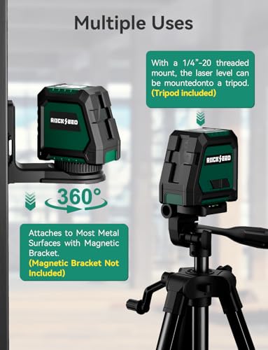 RockSeed Dual Modules Line Laser with 47 inch Iron Tripod, Self Leveling Laser Level, Horizontal and 150° Vertical Green Beam, 2 AA Batteries, Carrying Bag, for Home Decoration/DIY/Construction Site