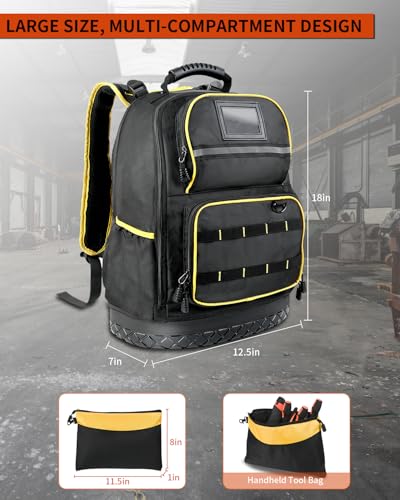 Heavy Duty Tool Backpack with Laptop Compartment, Hard Bottom & Tool Pouch Durable Electrician Tool Bag Organizer with Multiple Pockets, USB Port, Water Bottle Holders, HVAC Work Backpack for Men