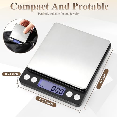 Digital Jewelry Scale, 500g x 0.01g High Precision Gold Scale, Portable Gram Scale with LCD Display, Tare Function, PCS Counting, Professional Small Scale for Jewelers Collectors Pawn Shops