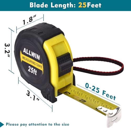 Tape Measure 25 Ft - 5 Pack Bulk Metal Retractable Tape Measure with Fractions, Easy Read, 1-inch Wide X 25 Foot Inches