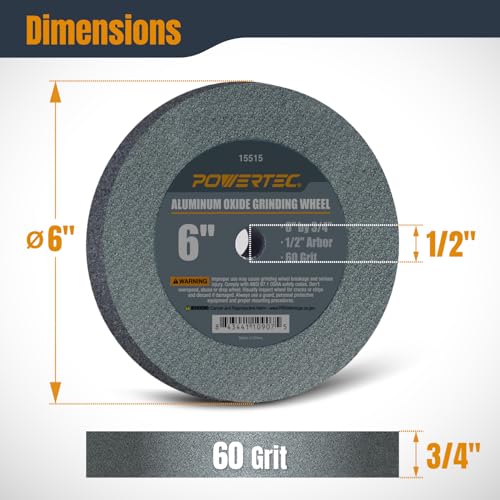 POWERTEC Bench Grinder Wheel, 6 Inch Grinding Wheel 60 Grit, Aluminum Oxide, 6 Bench Grinder Wheels for Pedestal & Benches, 3/4" Thick 1/2" Arbor, Sharpening Shaping Drill Bits, Knife, Stone - 15515 6" AO Wheels, 60 Grit
