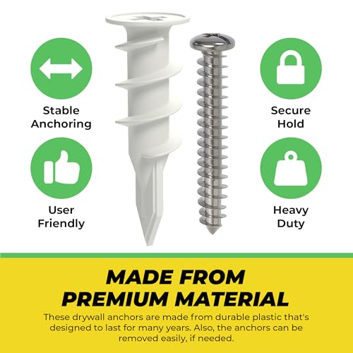 Qualihome Drywall Anchors with Screws – 400 Piece Set (200 Anchors + 200#8 x 1-1/4" Screws) | Self Drilling Drywall Anchors Heavy Duty | Wall Anchors for Drywall | Plastic Screw Anchor Kit 200 Pack
