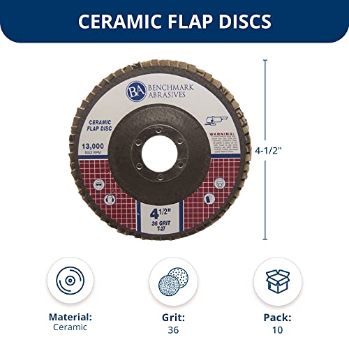 Benchmark Abrasives 4.5" x 7/8" Ceramic Type 27 Flap Discs 4 1/2 for Angle Grinder, Sanding Discs, Finishing, Stock Removal on Stainless Steel & More - Grinding Wheels 4 1/2 Inch - (10 Pack) 36 Grit