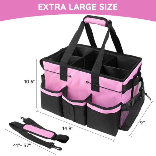 ZKOO Large Cleaning Caddy Bag with Handle, Built-in Sturdy Support Board, Adjustable Shoulder Strap, Multi-compartment Design Cleaning Supply Tote for Cleaners & Housekeepers (Pink) Pink