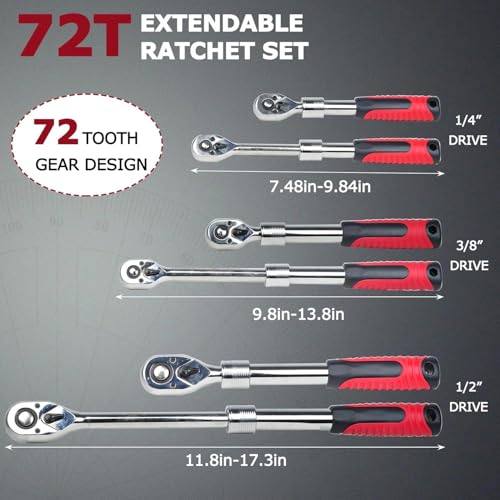 Extendable Ratchet Wrench Set, 1/4 3/8 1/2''Flex Head Socket Ratchet Wrench