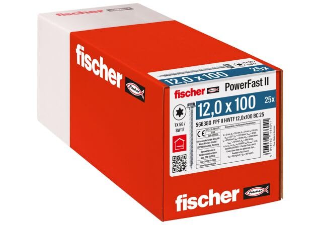 fischer PowerFast FPF II HWTF 1/2" x 4" (12x100 mm) Wood Construction Screws with Hex Head TX Drive Full Thread Galvanized - 25 Screws 1/2" x 3 15/16" (12 x 100mm)