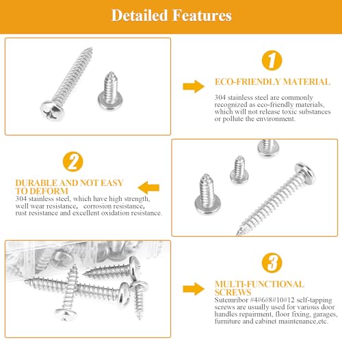 545 Pieces #4#6#8#10#12 Wood Screws Set, Phillips Pan Head #4#6#8#10#12 Self-Tapping Screws Assortment Kit, 304 Stainless Steel Wood Screws Kit (#4#6#8#10#12)