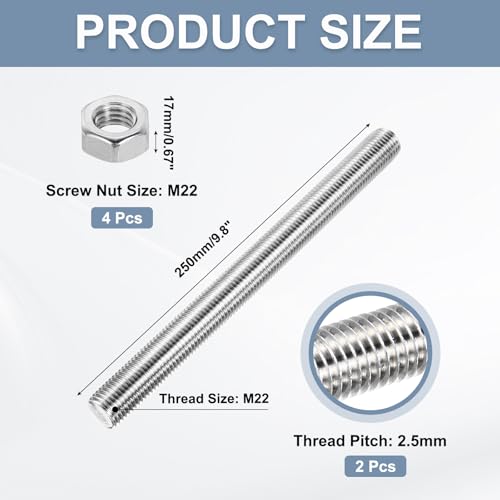 MECCANIXITY Fully Threaded Rod M22 x 250mm 2.5mm Thread Pitch 304 Stainless Steel Right Hand Threaded Rods Bar Studs Long Threaded Screw with Screw Nuts 2 Pack M22x250mm