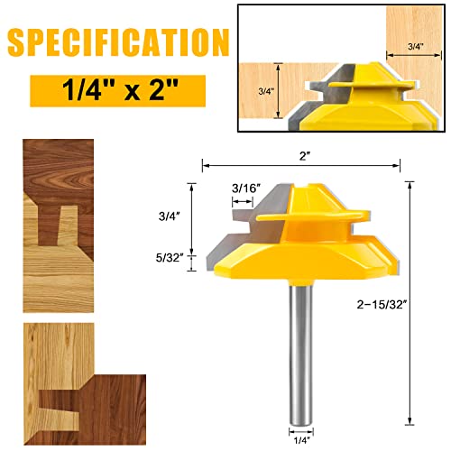 Newdeli 45 Degree Lock Miter & Tongue and Groove & Finger Joint Router Bit Set - 1/4 Inch Shank Woodworking Milling Cutter Tool 4-Piece Set