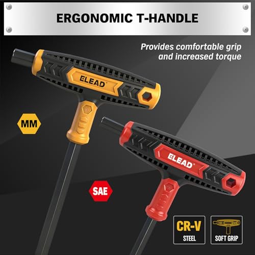 ELEAD 14-Piece T-handle Allen Wrench Set, Metric 2.5mm-10mm & SAE 1/8"-3/8" Portable Hex Key, Long Arm Allen Key Set with Storage Box for Basic Home Repair and Mechanical Maintenance T-Handle Version