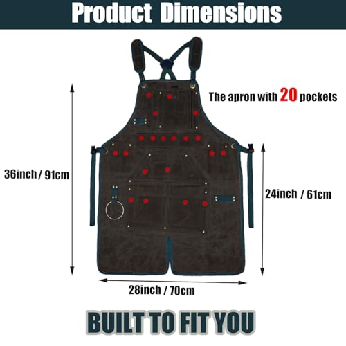 20-Pocket Heavy-Duty Waxed Canvas Work Apron – Fully Adjustable, Vintage Style Tool Organizer Black