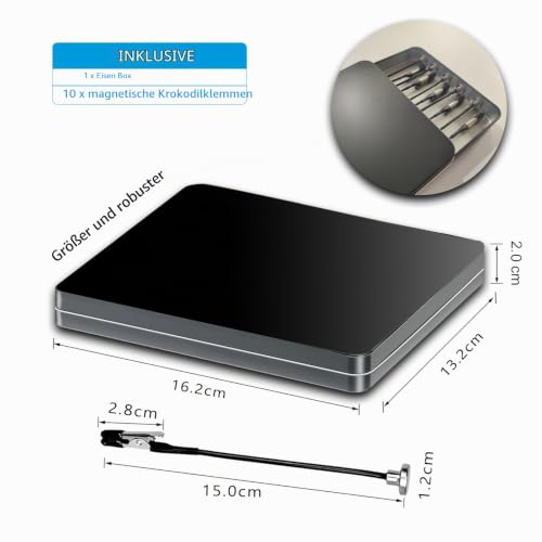 Third Hand Soldering Set - 10 Crocodile Clips with Magnetic Base, Iron Box | 10 clips with rubber protection, flexible arm & magnetic base, iron box as a base. Ideal for soldering, circuit board holders & model making. Kleine-Schwarz