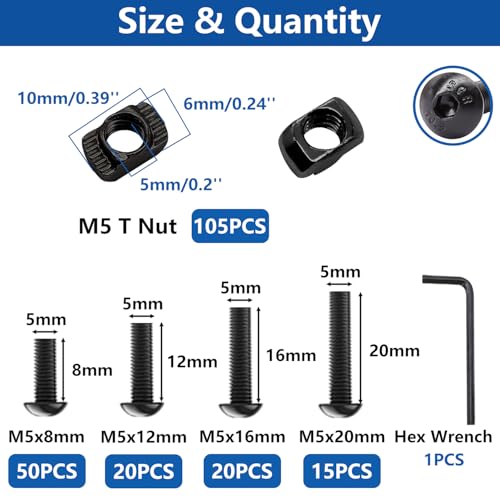 260PCS M3 M4 M5 T Nuts Screws Kit + 210PCS T Slot Aluminum Extrusion Hardware Accessories, M5 T Slot Nuts Screws Kit