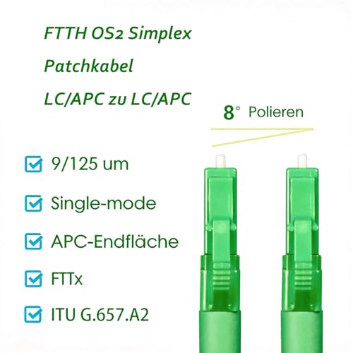 Elfcam® Fibre Optic Cable Simplex LC/APC 8° to LC/APC 8° Connector, 9/125 μm OS2 Patch Cable LSZH, FTTH Fibre Optic Cable, White (10 m) 10 m OS2 White LC/APC-LC/APC