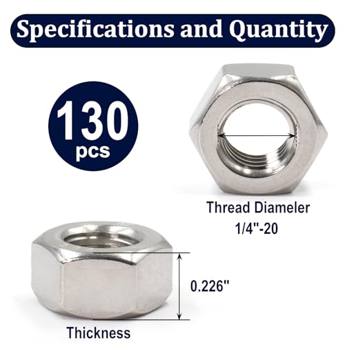 ZQZ 130 Pack 1/4"-20 Hex Nuts + ZQZ 25 Pack 1/2"-13 Hex Nuts, 304 (A2-70) Stainless Steel Hardware Nuts, Standard Inch Coarse Thread Nuts