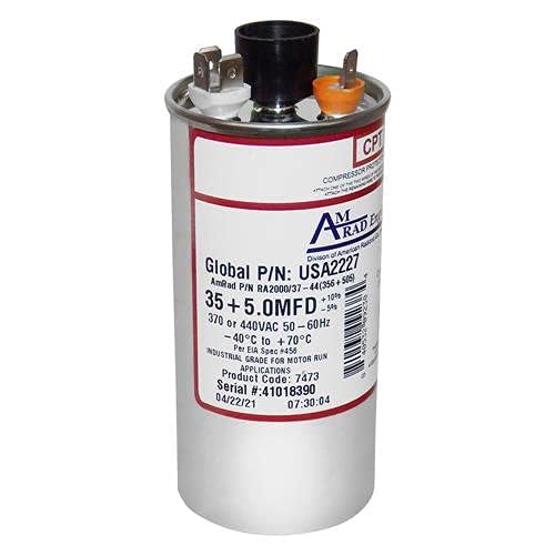 Goodman CAP050350440RSP Replacement - 35 + 5 uf/Mfd 370/440 VAC AmRad Round Dual Universal Capacitor, Made in The U.S.A.