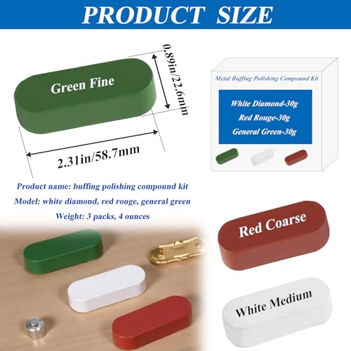 Metal Buffing Polishing Compound Kit,Buffing Wheel Compound Including White Diamond,Red Rouge, General Green(3 Pack, 3.5 Oz)