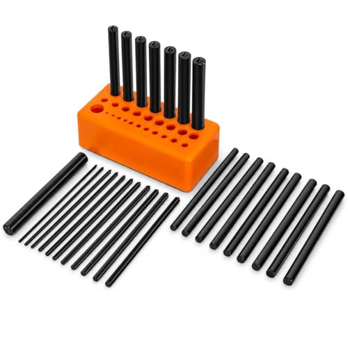 XtremepowerUS 28-Piece Transfer Punch Set (3/32" - 1/2") Toolmakers Heat Treated Alloy Steel Mechanic Steel Punches, Hole-Punch Set with Index Stand Holder