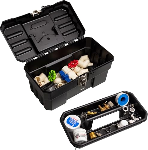 Akro-Mils 14-Inch Plastic Toolbox with Removable Tray, Steel Latch & Padlock Eye, Industrial-Grade Tool Box for Tools, Crafts, First Aid & Hobby Supplies, 14" x 8" x 8", Made in USA, Black (09514) 1-Pack