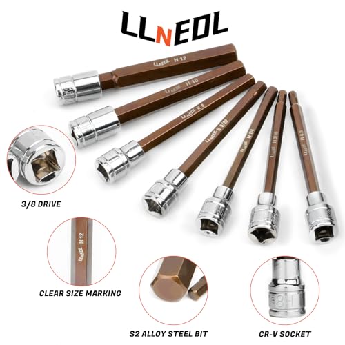 LLNEDL 3/8 Inch Drive Long Allen Hex Bit Socket Set, 19-Piece Hex Head Standard SAE & Metric Sockets (1/8"-3/8", 3-12mm), S2 Alloy Steel Durable Tools for Mechanics 19pcs 3/8 inch socket set