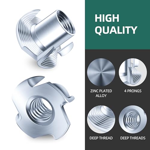 (10Sets) 3/8" x 2" Hex Head Lag Screws & 50PCS 3/8-16 T-Nuts Zinc Plated Steel Nutserts, 4-Pronged Tee Nut for Wood, Heavy Duty Lag Bolts with Washers, Rock Climbing Holds 3/8-16 T Nuts