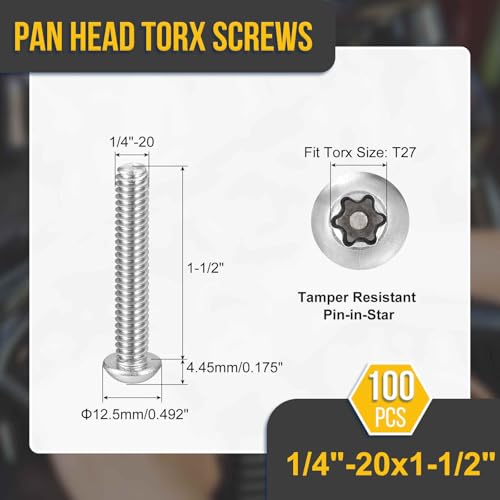 DTGN 100Pack 1/4" x1-1/2 Pan Head Torx Security Screws SS304 Silver 1/4"-20x1-1/2" 100