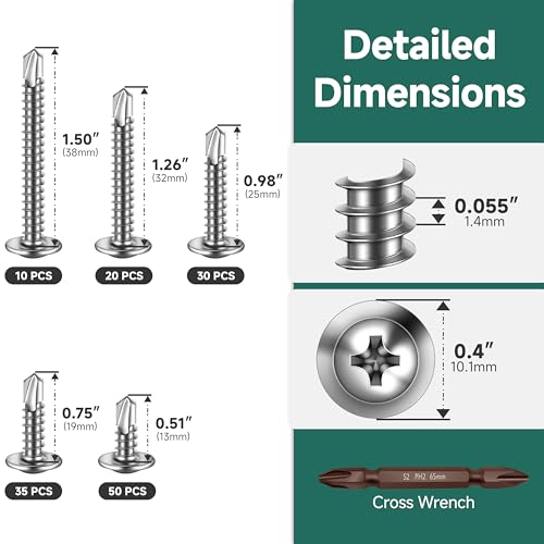145Pcs #8 Self Tapping Screws for Metal & 155Pcs #10 Self Tapping Screws for Metal, 410 Stainless Steel Truss Head Sheet Metal Screws, Self Drilling Screw, Fast Tapping with Drill Bit
