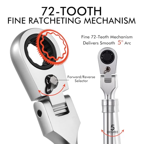 Extendable Ratchet Wrench Set with 1/4", 3/8", and 1/2" Drive Adapters, 72-Tooth Fine Ratcheting, 180° Flex-Head for Tight Spaces