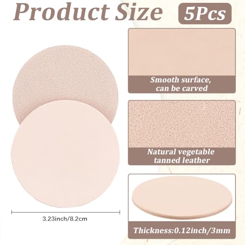 5PCS 8.2cm Round Vegetable Tan Genuine Leather Pad for Laser Engraving 3mm Thick Tooling Veg Circular Leather Pieces Sheet for Coasters Tooling Stamping Carving