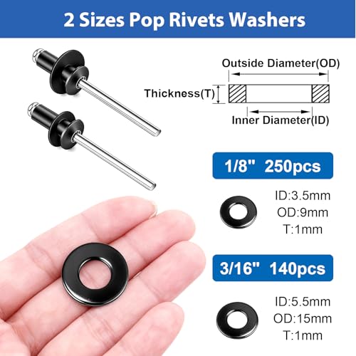 smseace 780Pcs Black Pop Rivets with Washers Assortment Kit-10-Sizes SAE Rivets for Metal 1/8,3/16Inch 2-Sizes 304 Stainless Steel Washers for Metal, Furniture, Automotive, Instruments Black Aluminum 780Pcs 8-Sizes