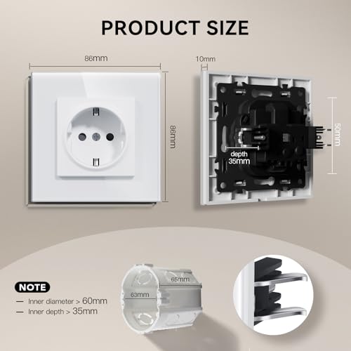 BSEED Glass Socket, EU Standard Wall Socket with Claws, Built-in Socket with Child Lock, Easy to Install, New E Series, 16 A 250 V, 1 Compartment, 86 mm, White 1-gang