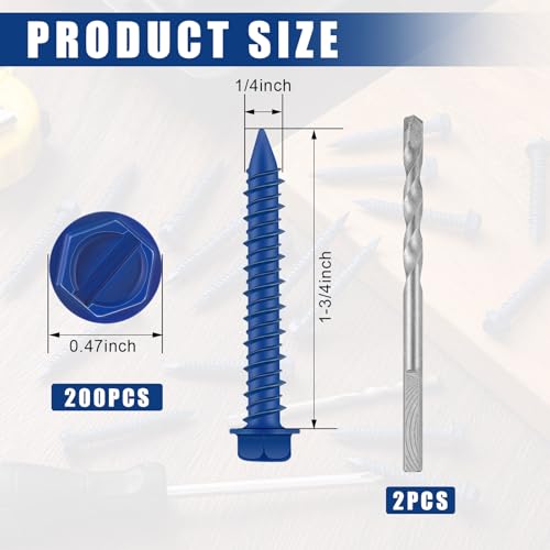 MorningRo 200 Qty 1/4" x 1-3/4" Hex Head Concrete Screws Anchor with Drill Bits Blue Slotted Hex Screws for Anchor Masonry, Block, Brick, Cement, Stucco, Diamond Point and Wood Fastening 1/4" X 1-3/4"