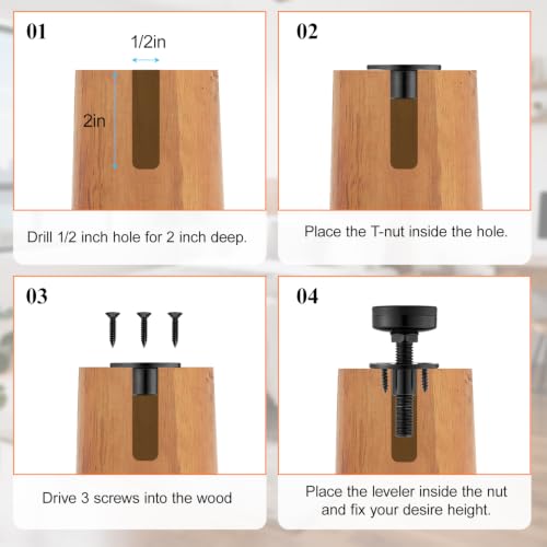 12PCS 3/8" Adjustable Furniture Levelers with Felt Pads & T-Nuts