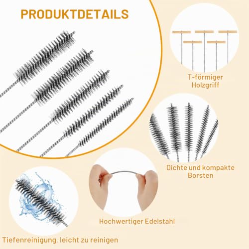5 Piece Drill Hole Brush Set, 8 mm/12 mm/16 mm/20 mm/25 mm T-Handle Tube Brush | Round hole brush, cleaning brush, pipe cleaner brush for impact drills, efficient drill hole cleaning