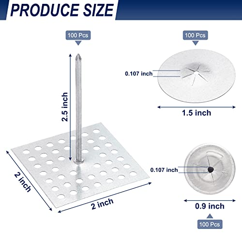 PATIKIL 300pcs Perforated Insulation Pins 2-1/2inch, 1.5in Self Locking Washers Round 7/8in Aluminum Insulation Hangers Cap Washers for Foam Board Wall Floor Ceiling, 100Set/300Pieces 100