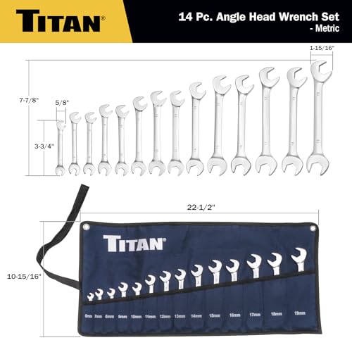 Titan 17284 14-Piece Metric Angle Head Open End Wrench Set, Sizes from 6mm to 19mm, V-Groove Design, Chrome Vanadium Steel Construction