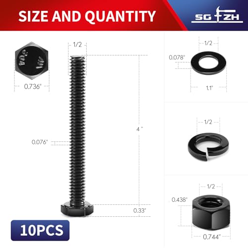 1/2-13 x 4 Hex Head Screw Bolt, Nuts, Flat & Lock Washers, 10Pcs 18-8 (304) Stainless Steel, Fully Threaded, Black Oxide by SG TZH
