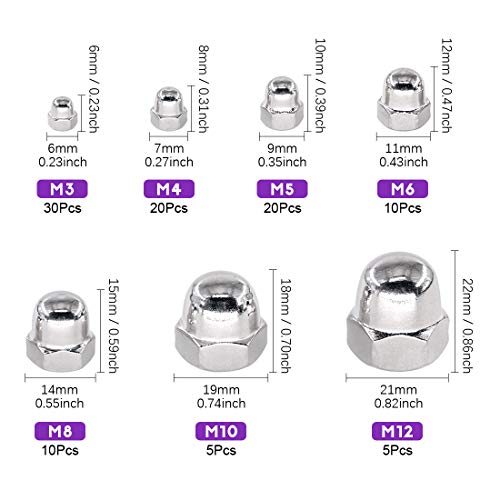 Swpeet 100Pcs 304 Stainless Steel Serrated Metric Acorn Cap Nuts Hex Dome Cap and 150Pcs 304 Stainless Steel 6 Sizes Metric Square Nuts Assortment Kit