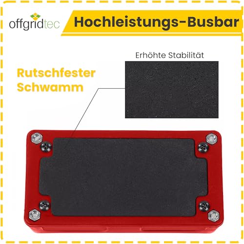 Offgridtec BusBar Box 4 x M8 Connection Bolts, Nickel-Plated Brass Connectors, Fiberglass Reinforced Nylon Housing with Removable Cover & Insulation Wall, Modular Power Distribution (200A, Red) Busbar Box 4 x M8 with Cover Red
