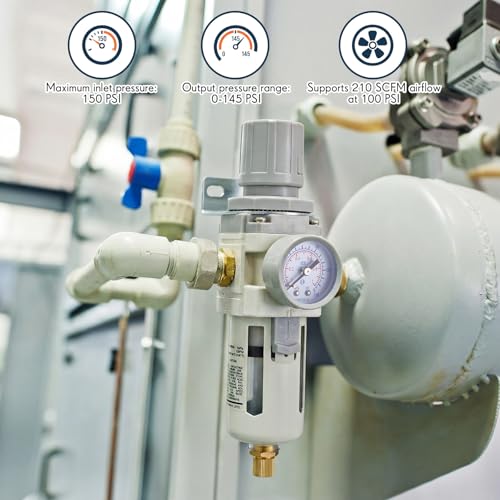 Tuanse Manual Drain, Npt Compressed Air Filter Regulator, Piggyback Combo, 5µM Brass Element, Poly Bowl, Metal Bracket & Fittings, 0-150 Psi Gauge, for Spray Painting(Fiber Filter Element,3/8" Npt) 3/8" Npt Fiber Filter Element