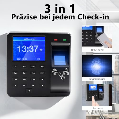 Small Business Time Tracking, 3-in-1 Time Tracking Device with Fingerprint, Password and Card Reader, Fingerprint Capacity 1000, Employee Time Tracking System, 0 Monthly Fee