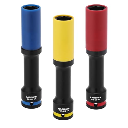 CASOMAN 3PCS 1/2" Drive Non-marring & Thin Wall Lug Nut Impact Socket Set, for Wheel Lug Nut Remover, Extra Deep 150mm, 6-Point, Metric, CR-MO, 17mm 19mm 21mm