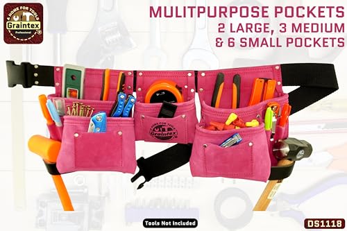 Graintex DS1118 8 Pocket Pink Tool Belt in Suede Leather with 2” Webbing Belt, 2 Leather Hammer Holders Loops 1
