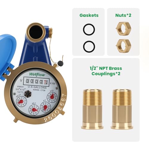 DN15 Vertical Water Meter with 1/2" NPT Couplings, Heavy Brass Cold Water Meter Measuring in Gallon, AWWA 708 Certification for Garden/Home/Apartment. 1/2" Cold, cu m,gal