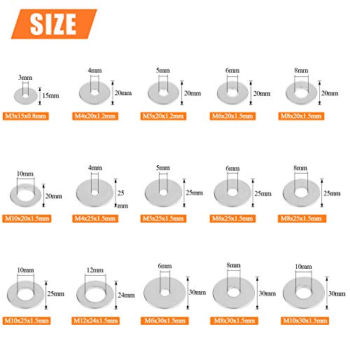 HELIFOUNER 240 Pieces 15 Sizes 304 Stainless Steel Large Fender Washer Assortment Kit (M3 M4 M5 M6 M8 M10 M12) M3-M12