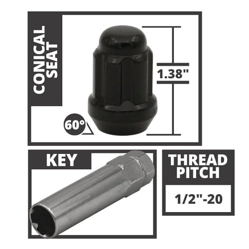 1/2" Bulge Acorn Spline Lug Nuts 1.38" 5 Lug Install Kit in Sleek Black Finish | Includes 20 Spline Lug Nuts with Key | 6 Spline Lug Nuts | Compatiable with Many Vehicles